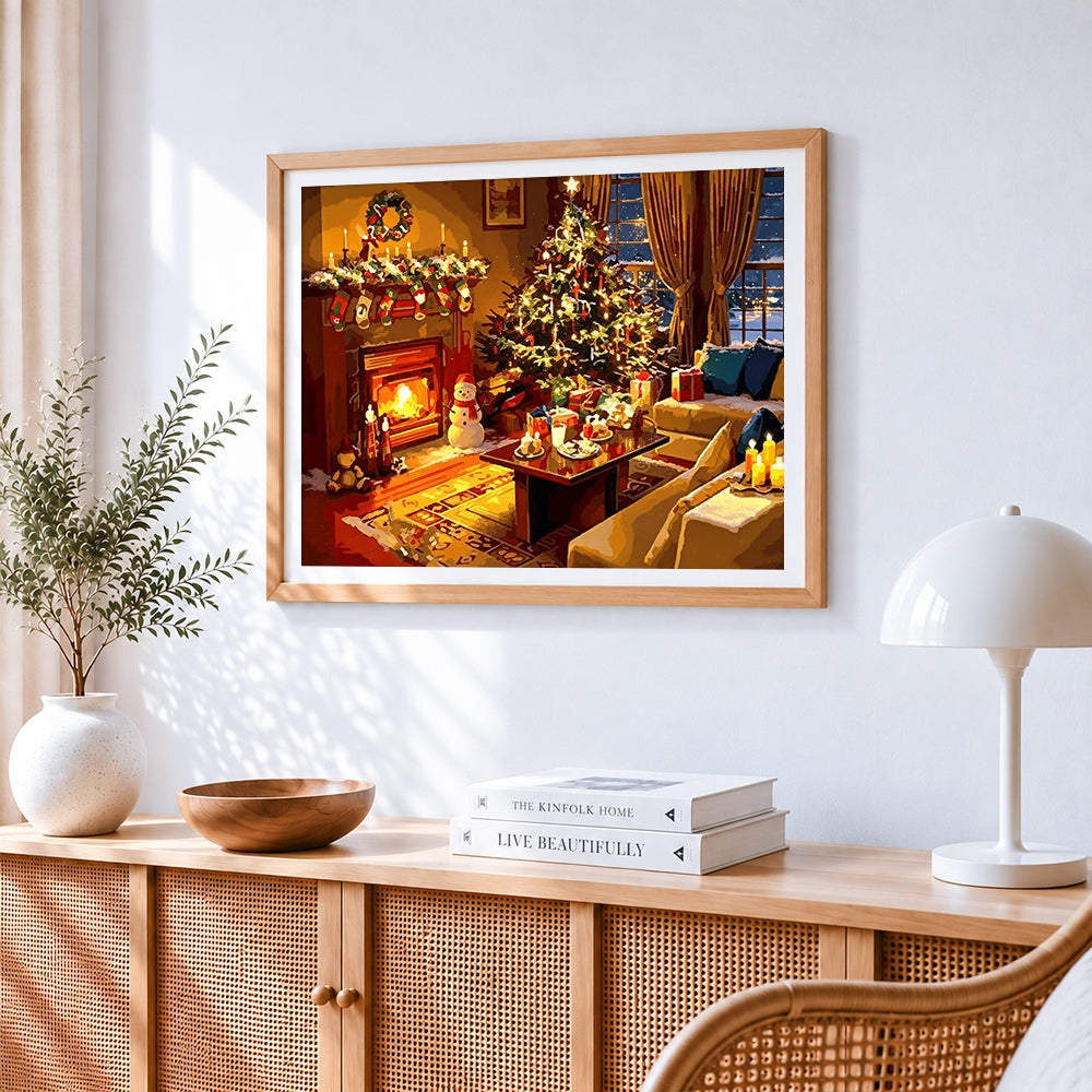 Traditional christmas living room with fireplace cross stitch artwork displayed on wall as home decor
