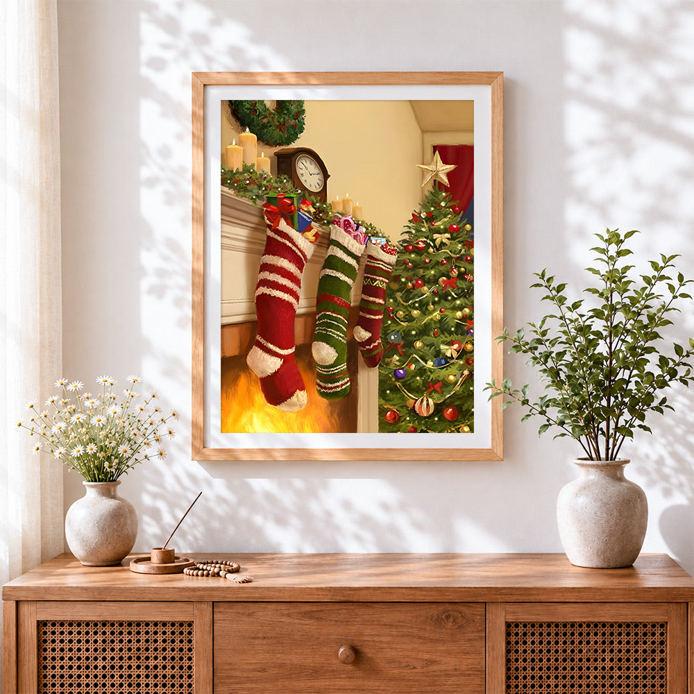 Finished traditional christmas stockings and fireplace cross stitch artwork displayed