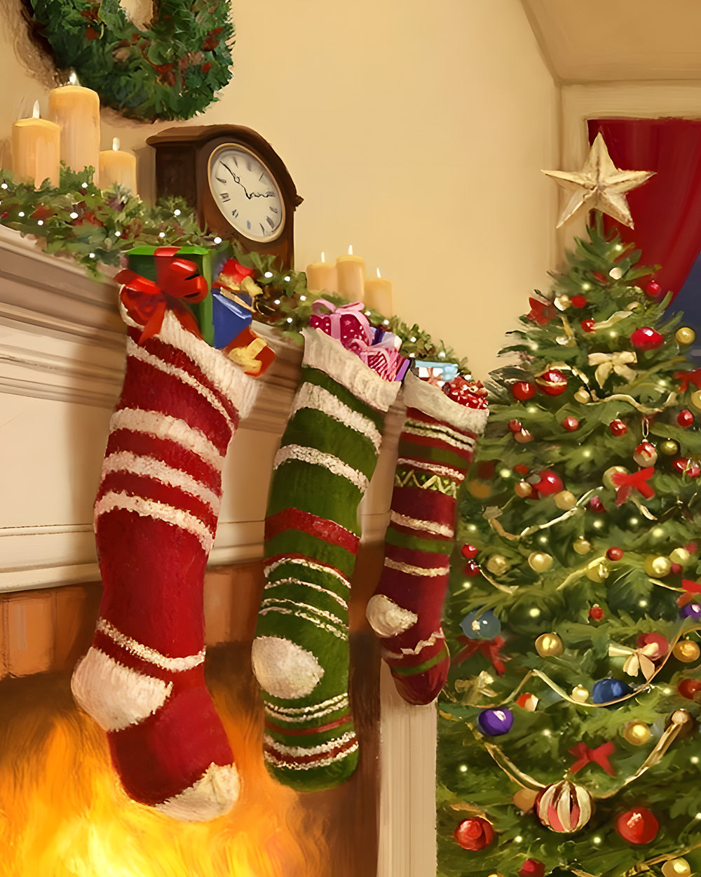 Traditional christmas stockings and fireplace cross stitch kit for beginners