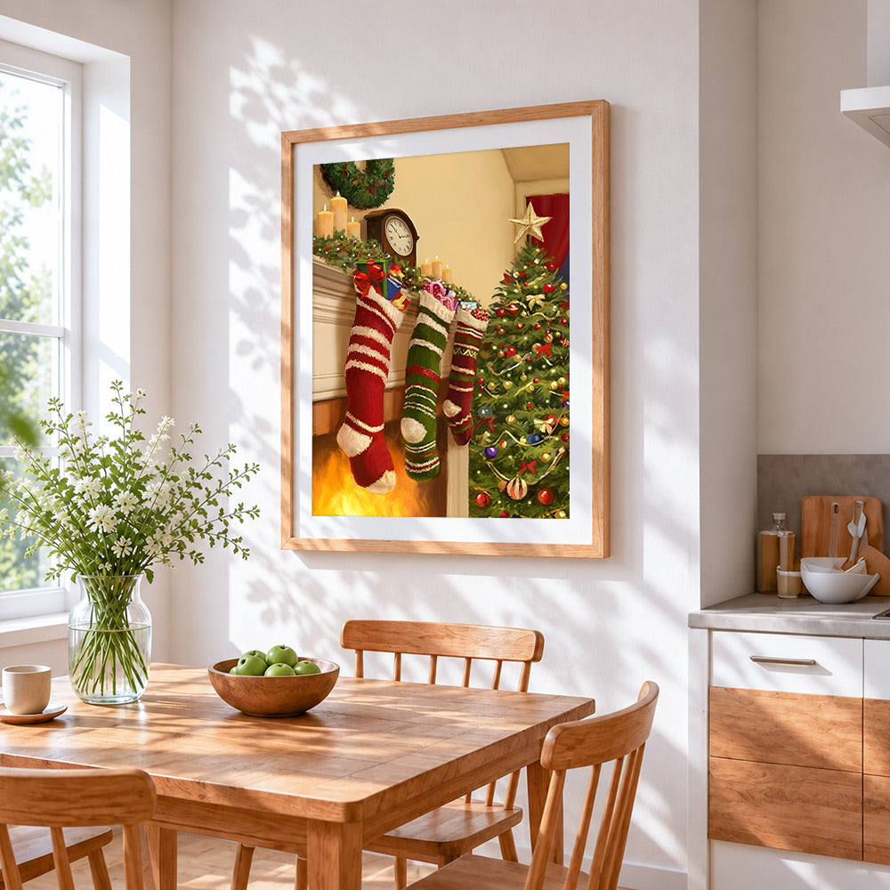 Traditional christmas stockings and fireplace cross stitch artwork displayed on wall as home decor