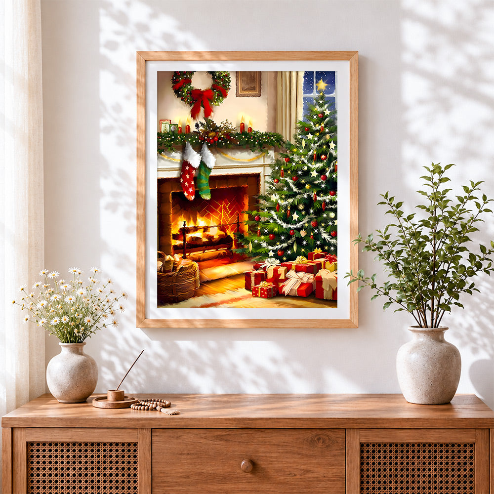 Finished traditional christmas tree and fireplace cross stitch artwork displayed