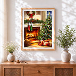 Finished traditional christmas tree and fireplace cross stitch artwork displayed