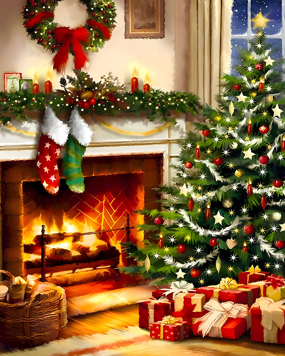 Traditional christmas tree and fireplace cross stitch kit for beginners