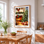 Traditional christmas tree and fireplace cross stitch artwork displayed on wall as home decor