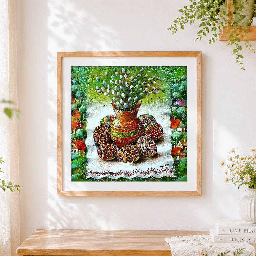 Finished traditional easter eggs cross stitch artwork displayed