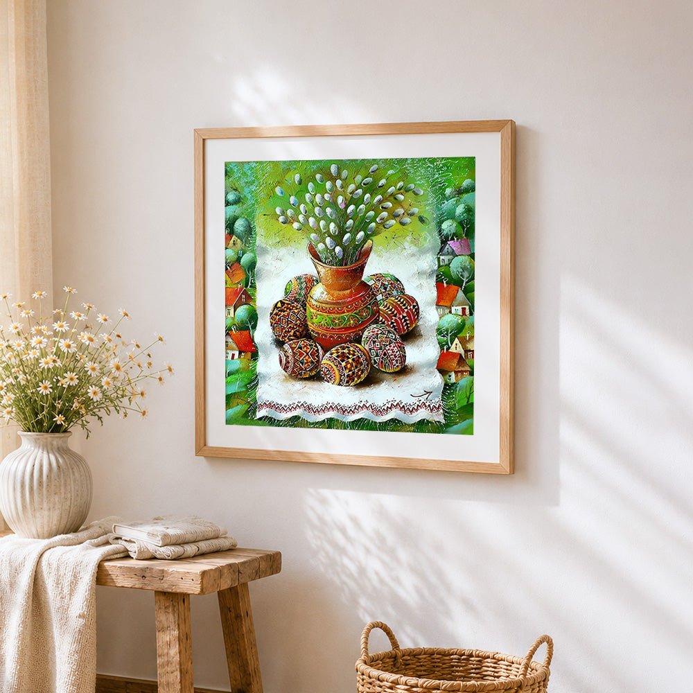 Traditional easter eggs cross stitch artwork displayed on wall as home decor