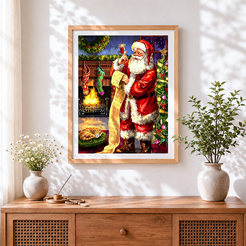Finished traditional father christmas checking his list cross stitch artwork displayed
