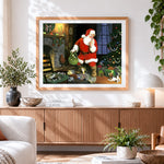Finished traditional father christmas delivering presents cross stitch artwork displayed