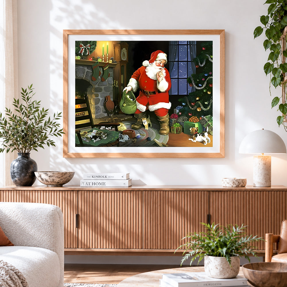 Finished traditional father christmas delivering presents cross stitch artwork displayed
