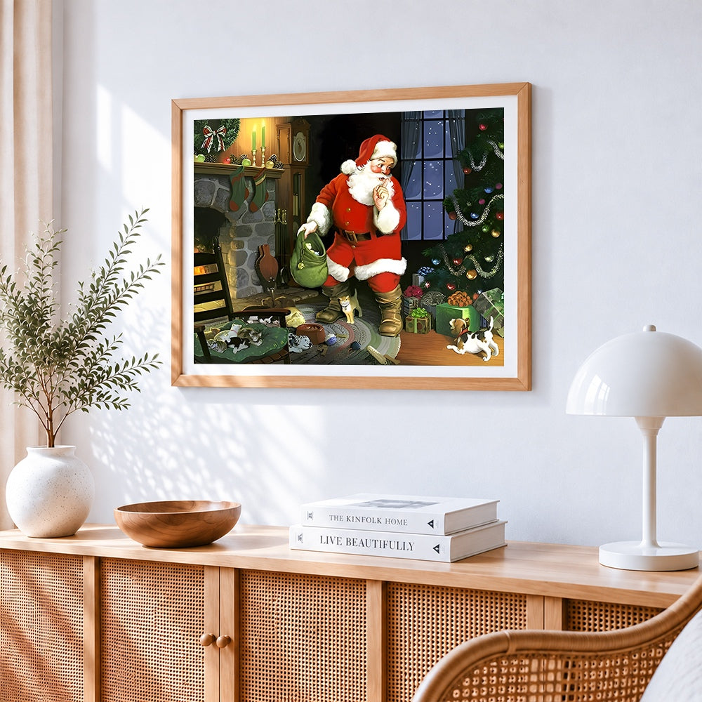 Traditional father christmas delivering presents cross stitch artwork displayed on wall as home decor