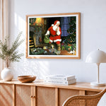 Traditional father christmas delivering presents cross stitch artwork displayed on wall as home decor
