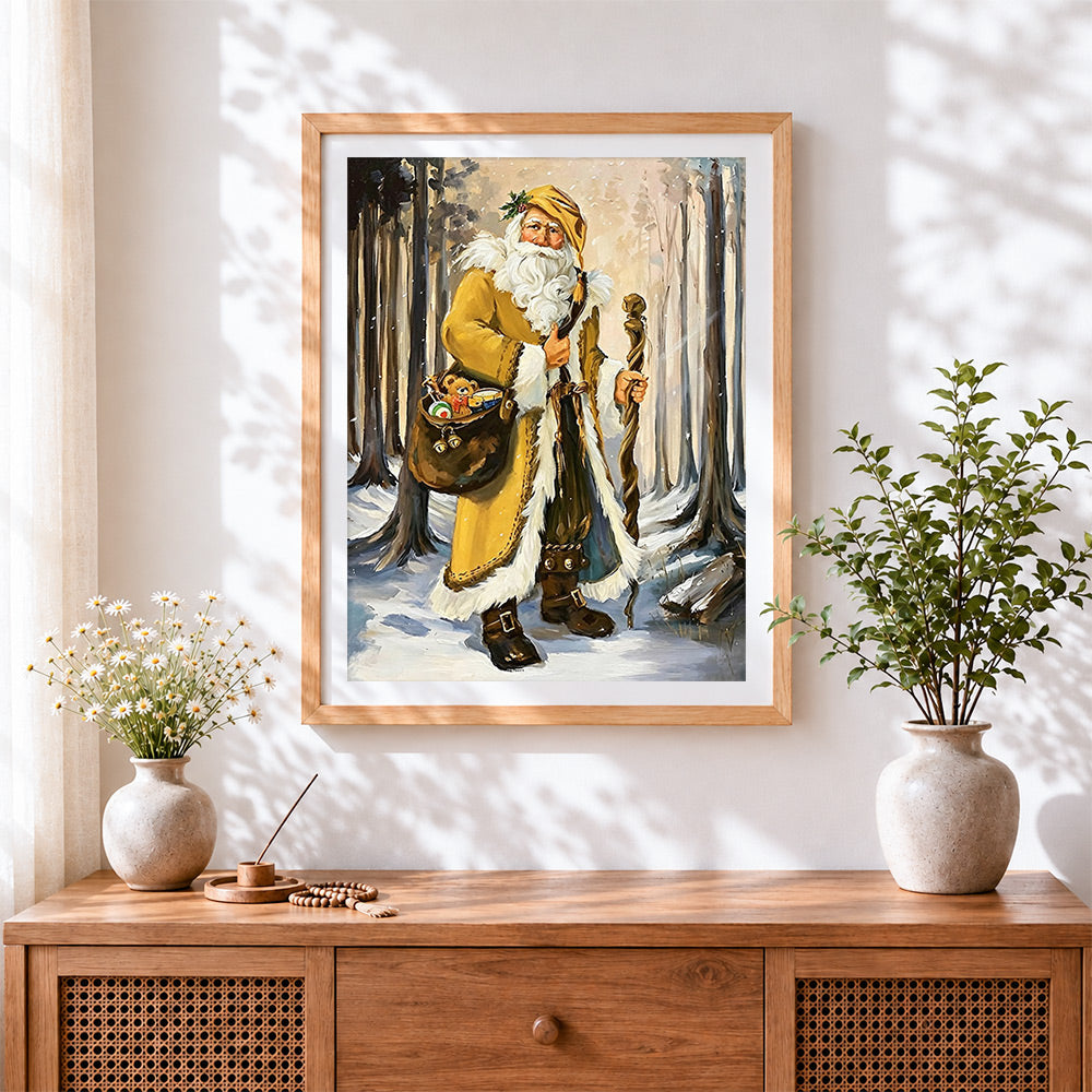 Finished traditional father christmas in yellow robe cross stitch artwork displayed