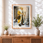 Finished traditional father christmas in yellow robe cross stitch artwork displayed
