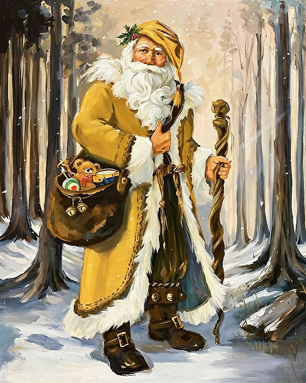 Traditional father christmas in yellow robe cross stitch kit for beginners