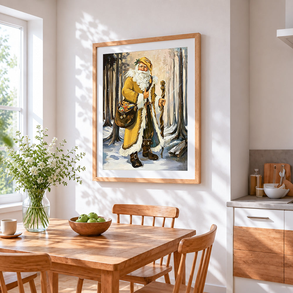 Traditional father christmas in yellow robe cross stitch artwork displayed on wall as home decor
