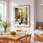 Traditional father christmas in yellow robe cross stitch artwork displayed on wall as home decor