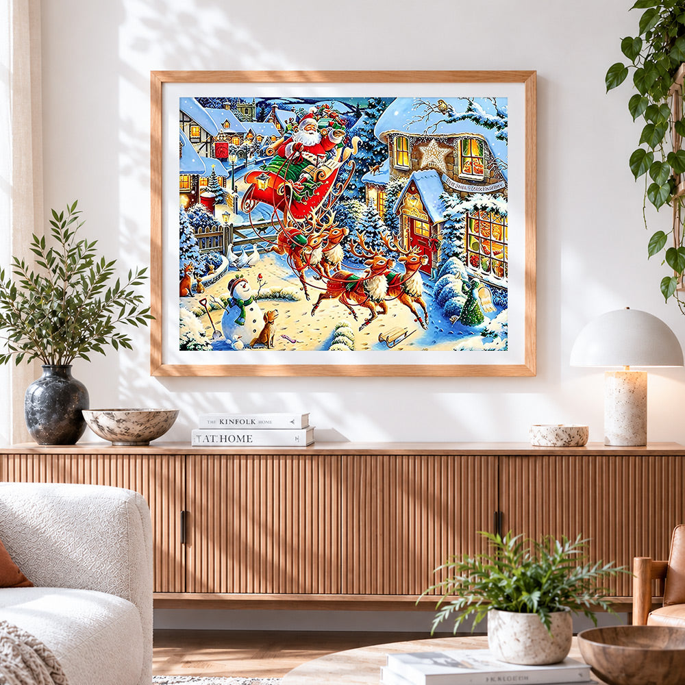 Finished traditional father christmas sleigh ride over snowy village cross stitch artwork displayed