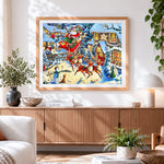 Finished traditional father christmas sleigh ride over snowy village cross stitch artwork displayed