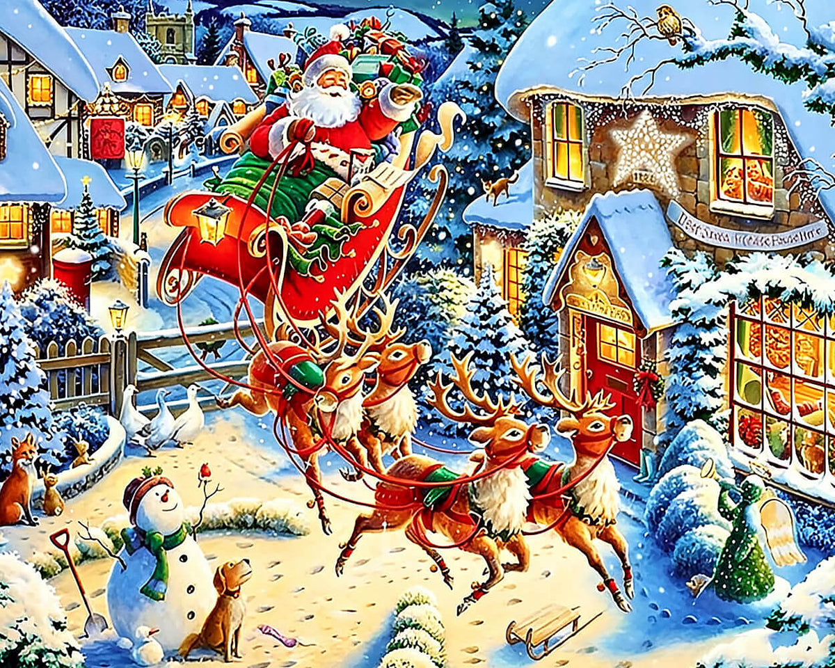 Traditional father christmas sleigh ride over snowy village paint by numbers kit for beginners