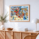 Traditional father christmas sleigh ride over snowy village paint by numbers artwork displayed on wall as home decor