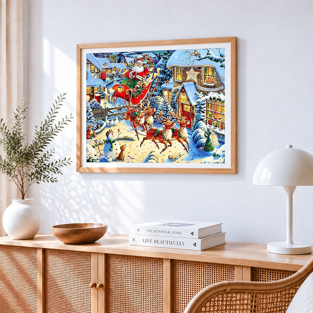 Traditional father christmas sleigh ride over snowy village paint by numbers artwork displayed on wall as home decor