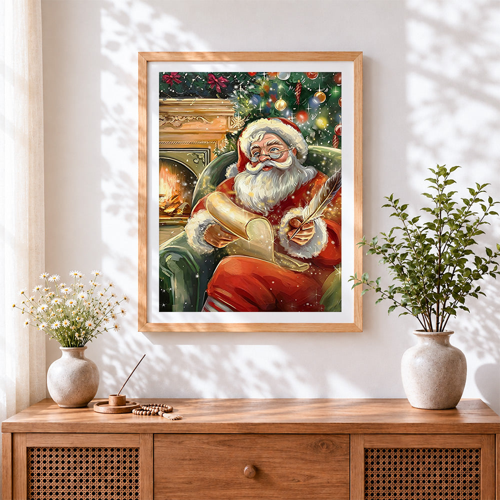 Finished traditional father christmas writing letters cross stitch artwork displayed