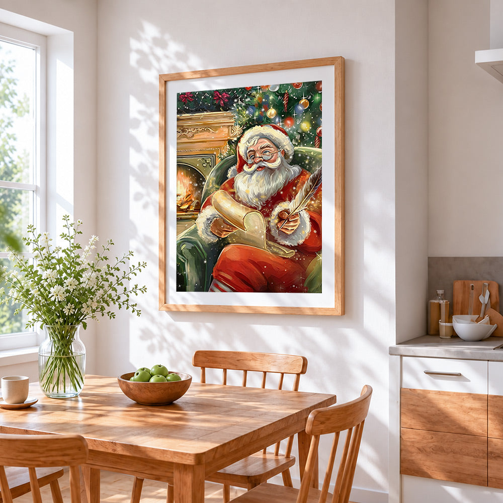 Traditional father christmas writing letters cross stitch artwork displayed on wall as home decor