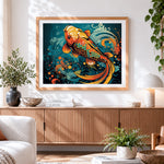 Finished traditional koi fish cross stitch artwork displayed
