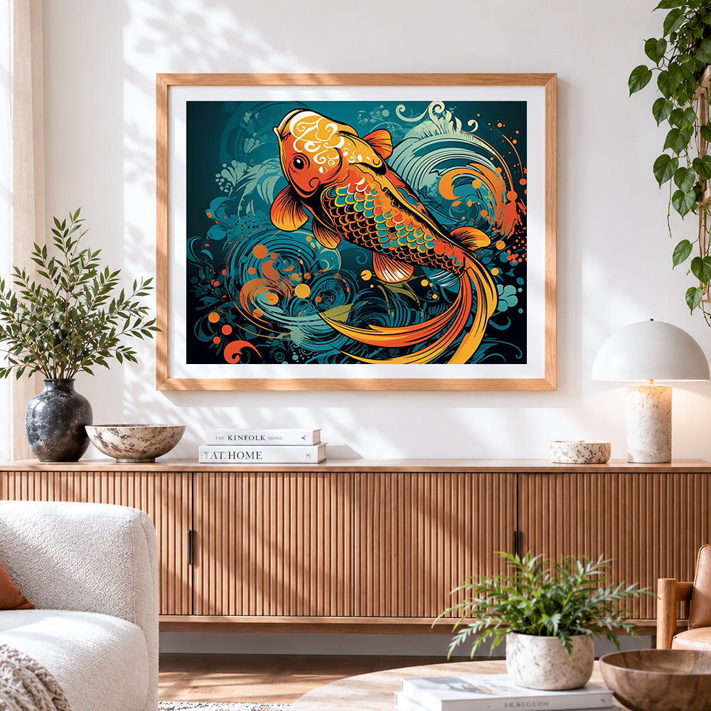 Finished traditional koi fish cross stitch artwork displayed