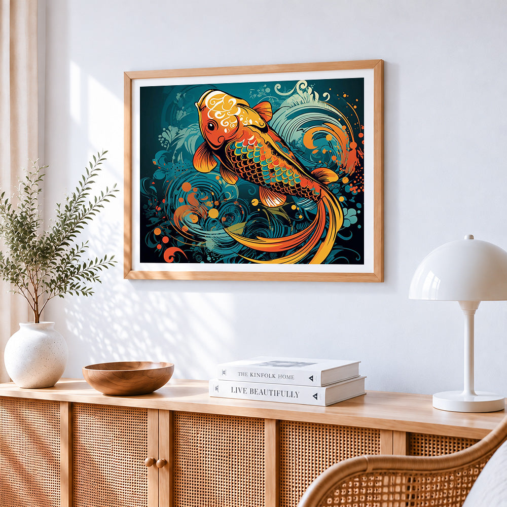 Traditional koi fish cross stitch artwork displayed on wall as home decor
