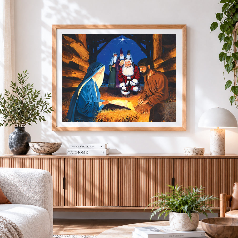Finished traditional nativity scene with father christmas cross stitch artwork displayed