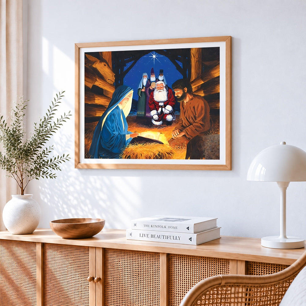 Traditional nativity scene with father christmas cross stitch artwork displayed on wall as home decor