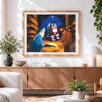 Finished traditional nativity scene with father christmas paint by numbers artwork displayed as home decor
