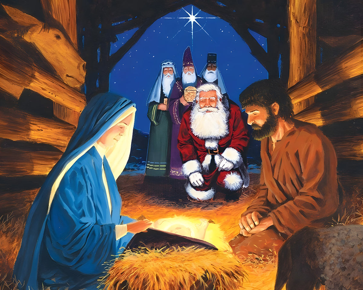 Traditional nativity scene with father christmas paint by numbers kit for beginners