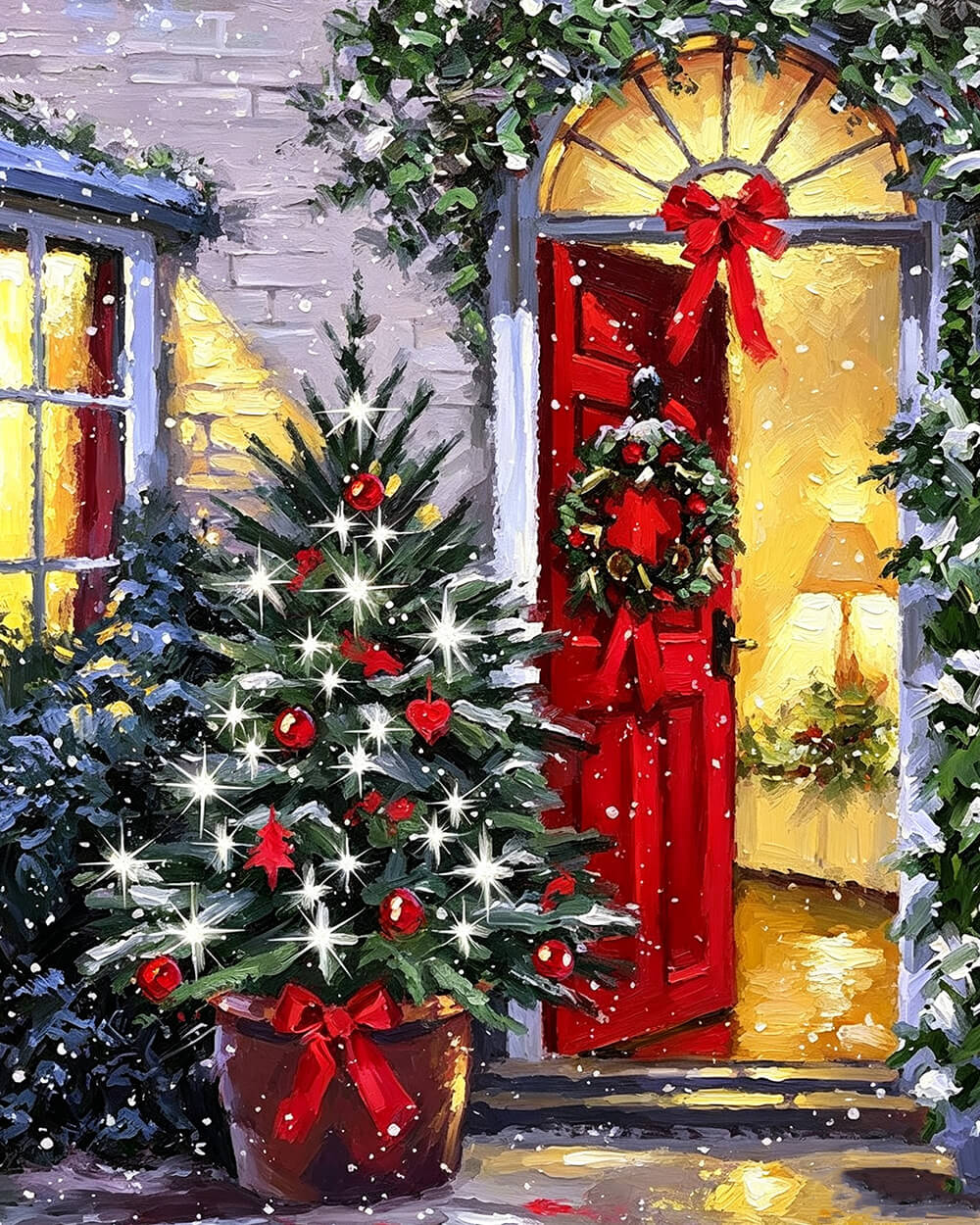 Traditional red door and christmas tree cross stitch kit for beginners