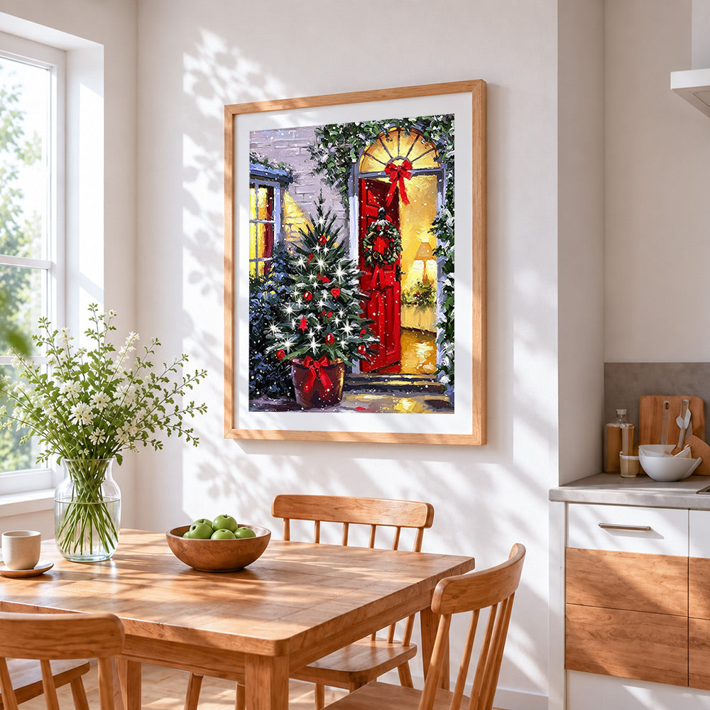Traditional red door and christmas tree cross stitch artwork displayed on wall as home decor