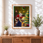 Finished traditional santa delivering presents by the fireplace cross stitch artwork displayed