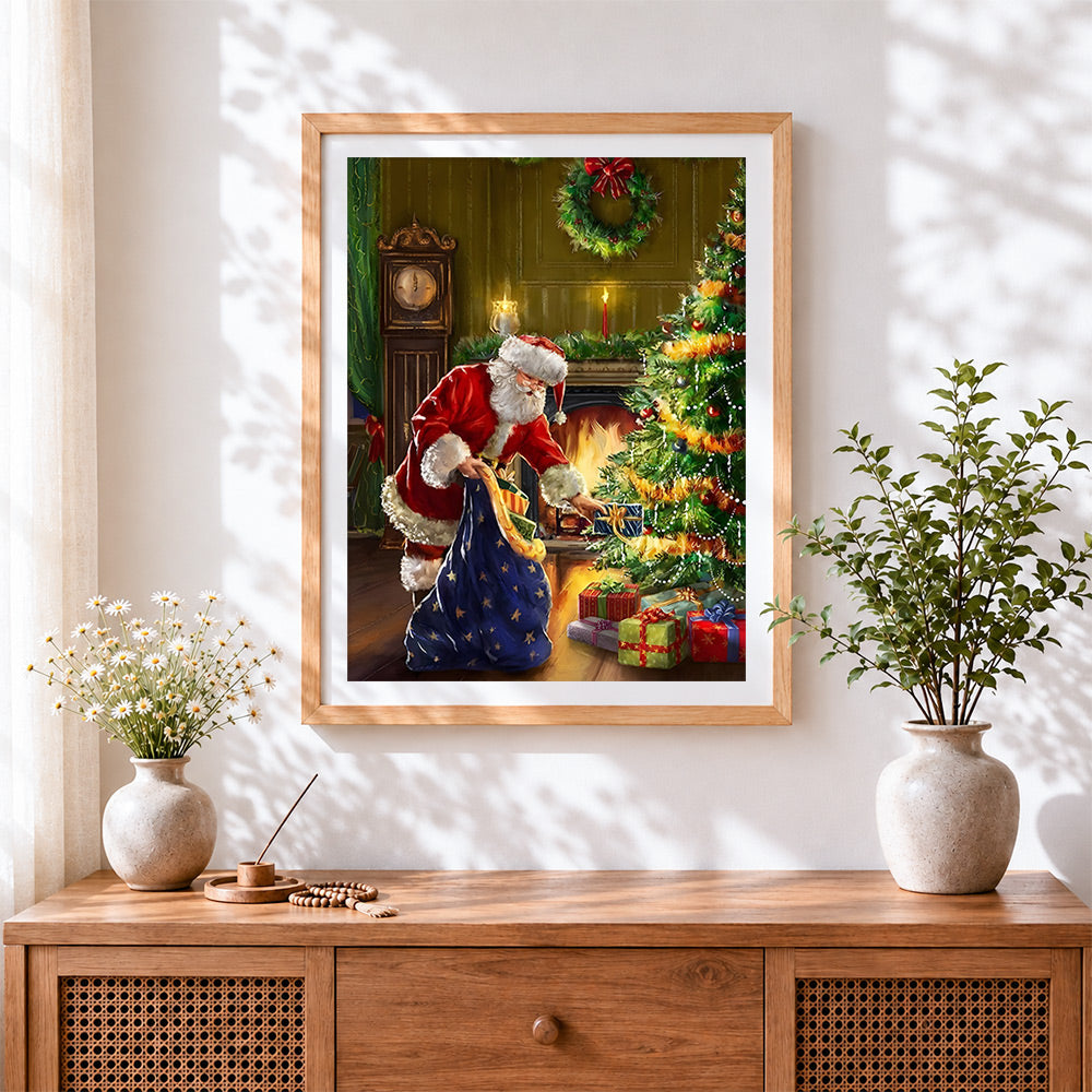 Finished traditional santa delivering presents by the fireplace cross stitch artwork displayed