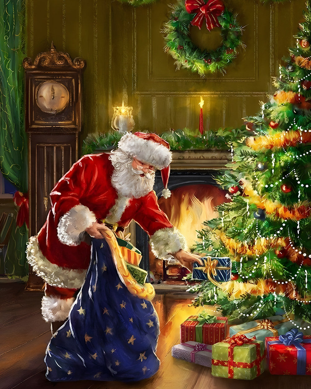 Traditional santa delivering presents by the fireplace cross stitch kit for beginners