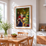 Traditional santa delivering presents by the fireplace cross stitch artwork displayed on wall as home decor