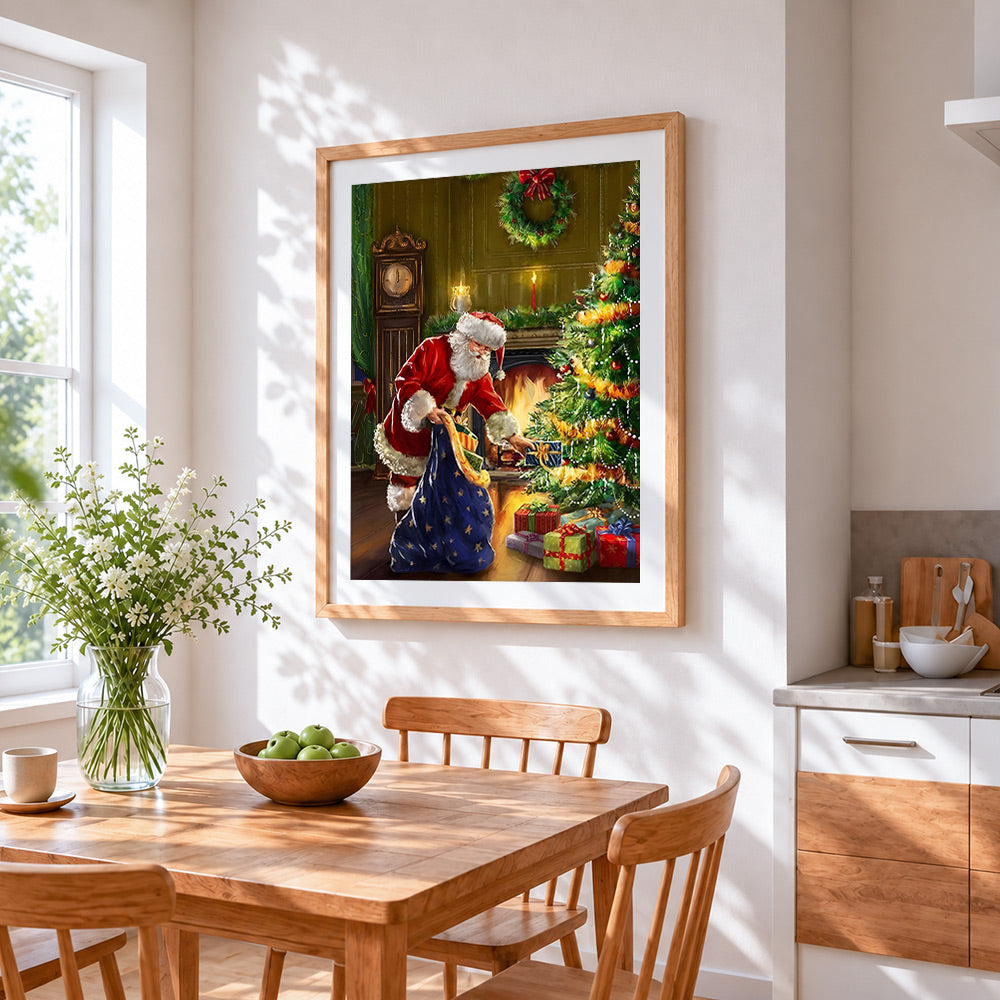 Traditional santa delivering presents by the fireplace cross stitch artwork displayed on wall as home decor