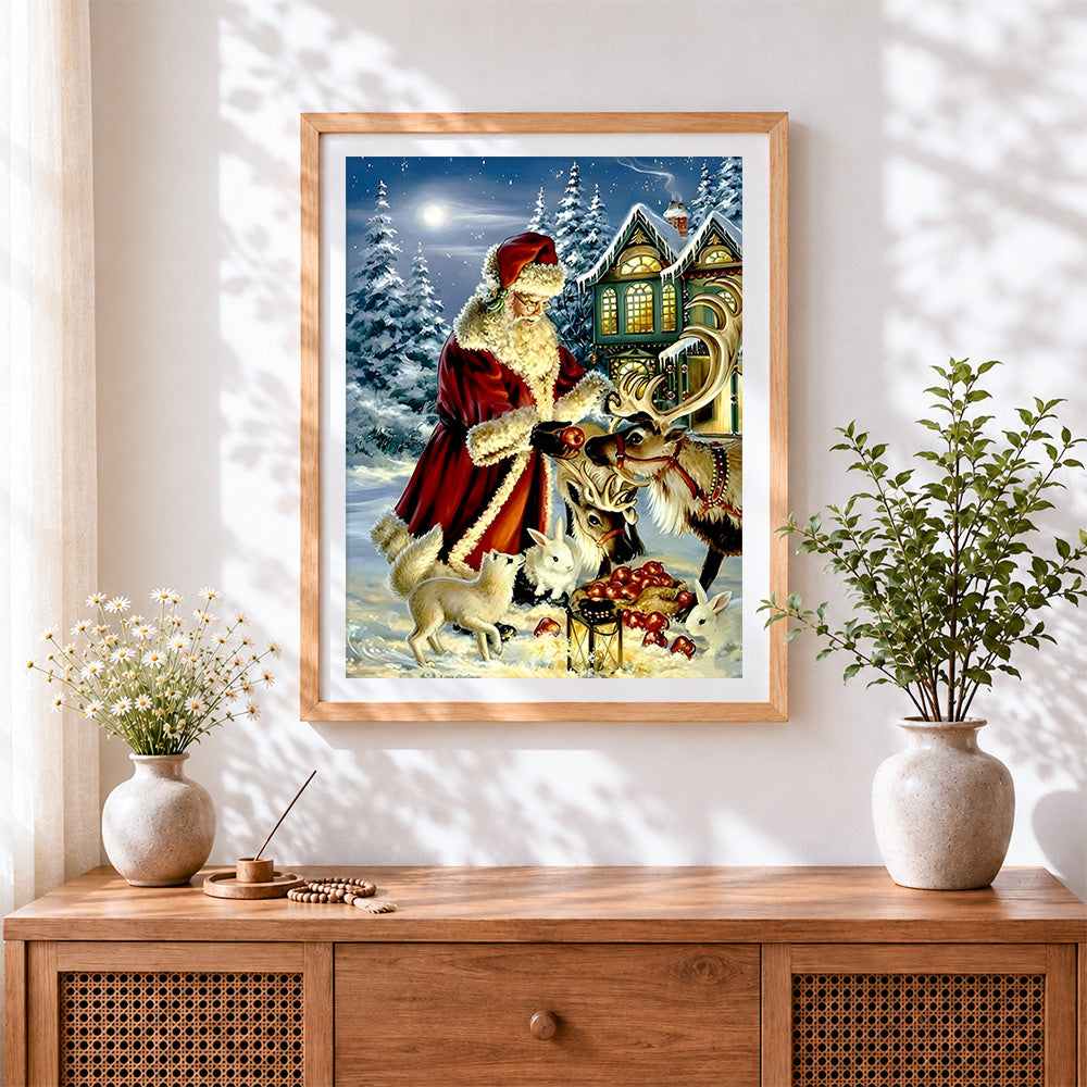 Finished traditional santa feeding reindeer cross stitch artwork displayed