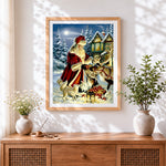 Finished traditional santa feeding reindeer cross stitch artwork displayed