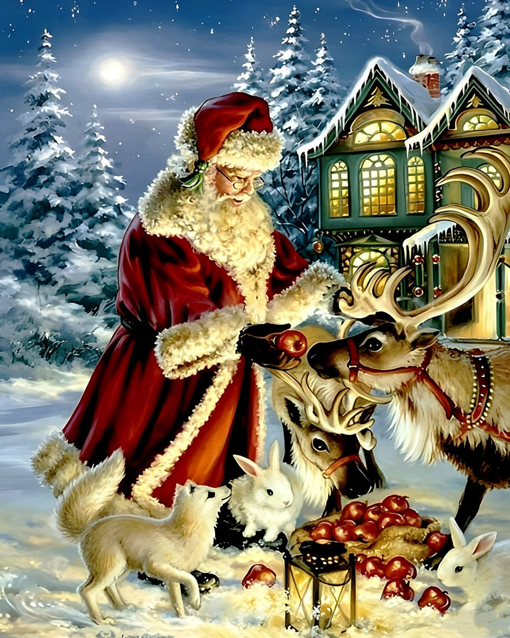 Traditional santa feeding reindeer cross stitch kit for beginners