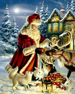 Traditional santa feeding reindeer cross stitch kit for beginners