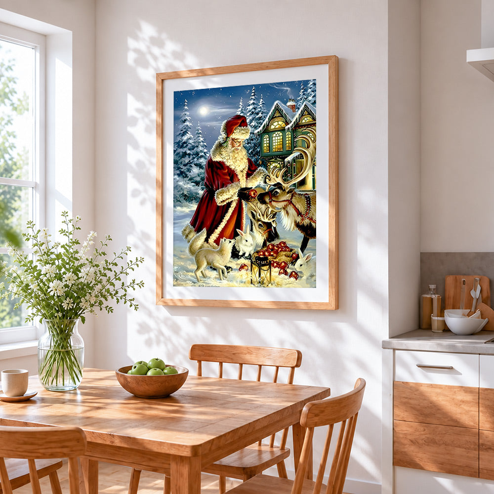 Traditional santa feeding reindeer cross stitch artwork displayed on wall as home decor