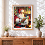 Finished traditional santa reading good list cross stitch artwork displayed