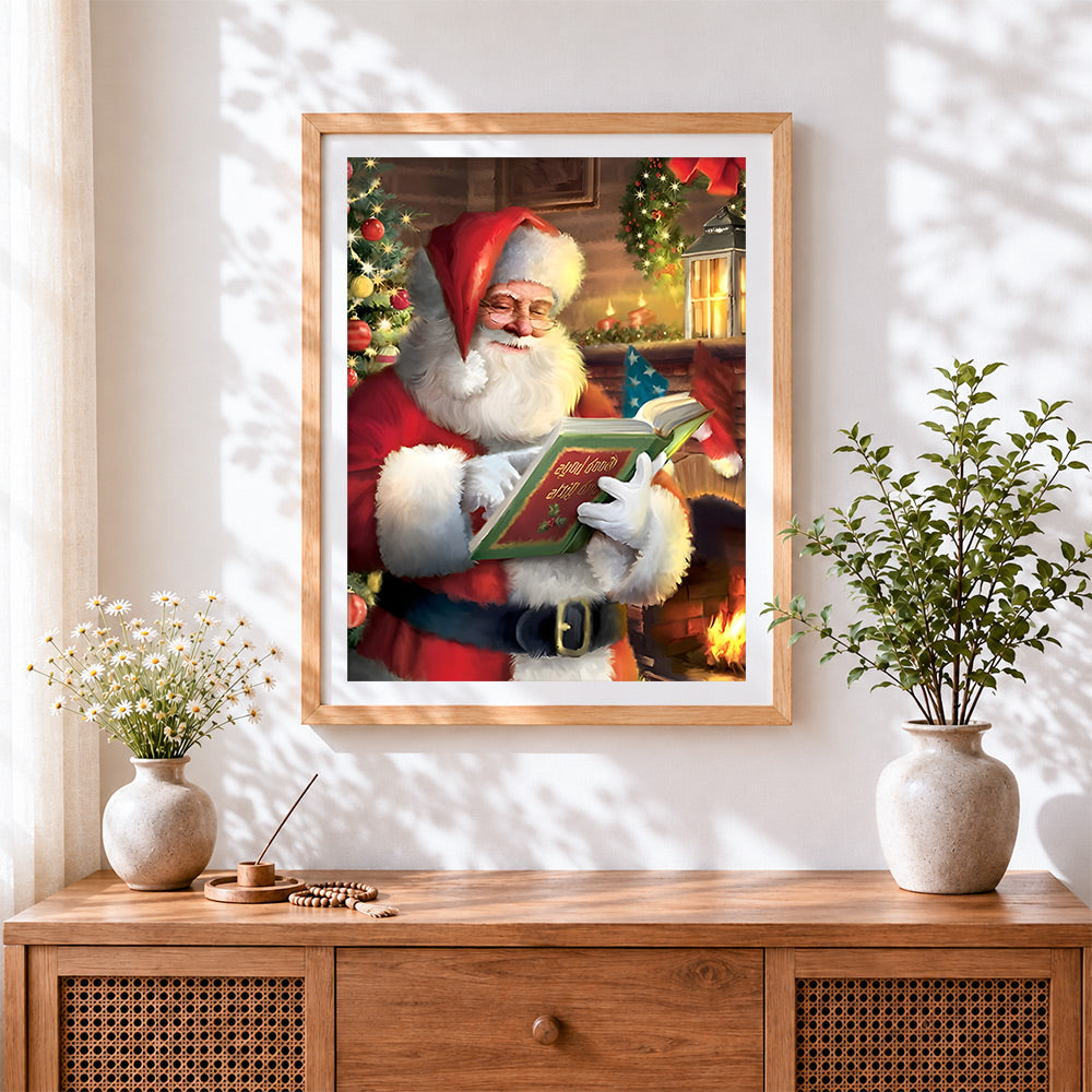 Finished traditional santa reading good list cross stitch artwork displayed