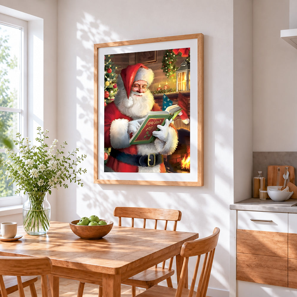 Traditional santa reading good list cross stitch artwork displayed on wall as home decor