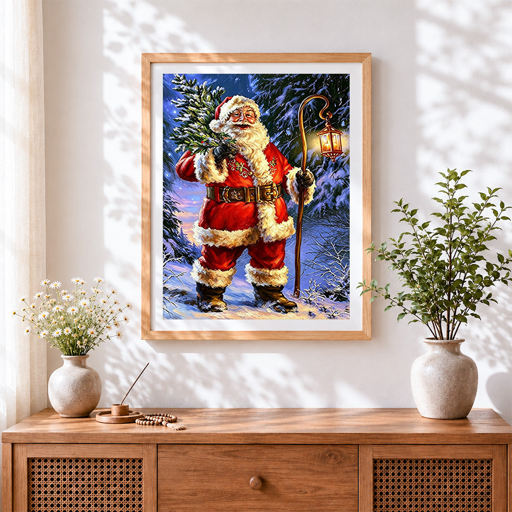 Finished traditional santa with lantern cross stitch artwork displayed